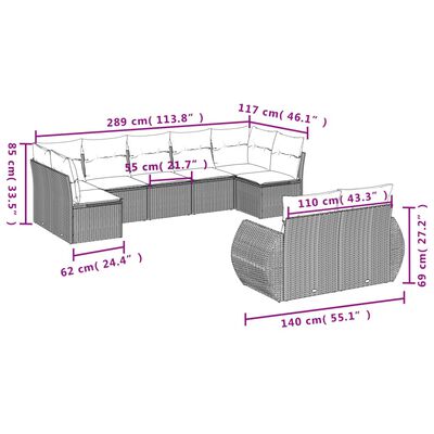 vidaXL 9 pcs conjunto de sofás p/ jardim c/ almofadões vime PE preto