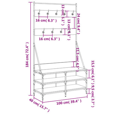 vidaXL Bengaleiro c/ arrumação de calçado 100x40x184cm carvalho fumado