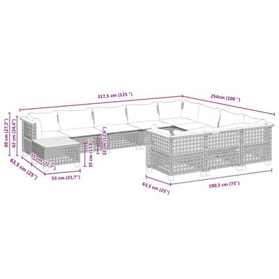 vidaXL 11 pcs conjunto sofás de jardim c/ almofadões vime PE preto