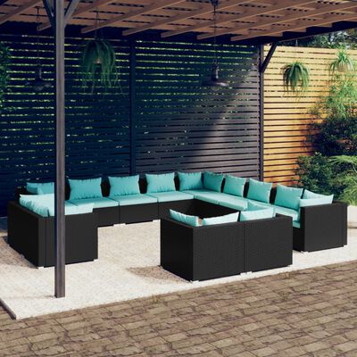 vidaXL 13 pcs conjunto lounge de jardim c/ almofadões vime PE preto