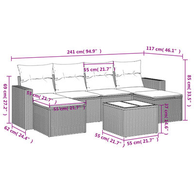 vidaXL 7 pcs conjunto sofás p/ jardim c/ almofadões vime PE cinzento