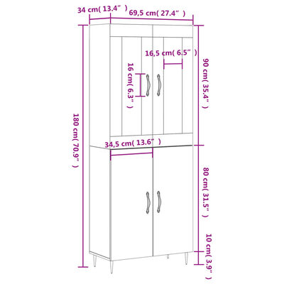 vidaXL Armário alto 69,5x34x180 cm derivados de madeira sonoma cinza