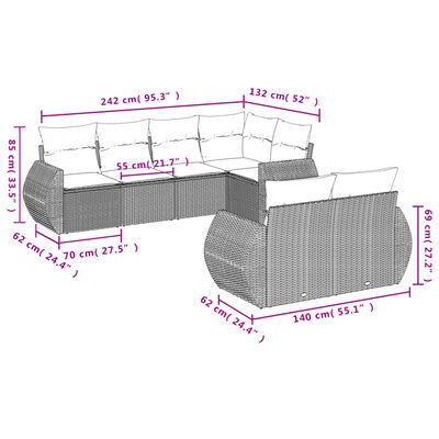 vidaXL 7 pcs conjunto de sofás p/ jardim c/ almofadões vime PE preto