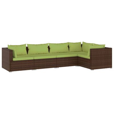 vidaXL 5 pcs conjunto lounge jardim c/ almofadões vime PE castanho