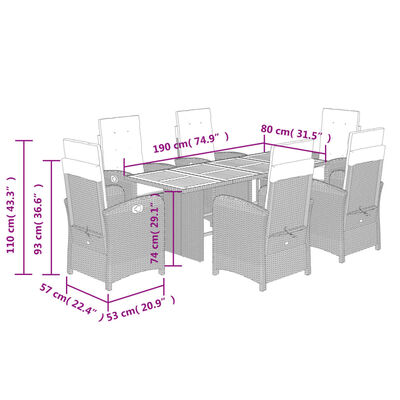 vidaXL 7 pcs conjunto de jantar p/ jardim c/ almofadões vime PE preto