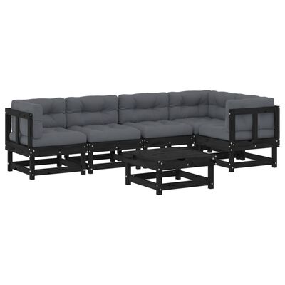 vidaXL 6pcs conjunto lounge jardim c/ almofadões madeira maciça preto