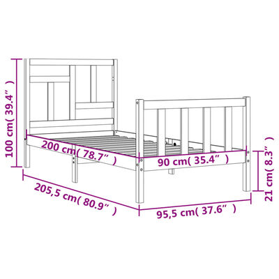 vidaXL Estrutura de cama com cabeceira 90x200 cm madeira maciça