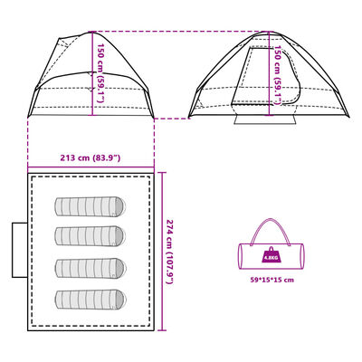 vidaXL Tenda de campismo cúpula p/ 4 pessoas opaca impermeável branco