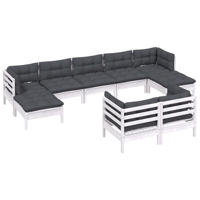 vidaXL 9 pcs conj. lounge de jardim c/ almofadões pinho maciço branco