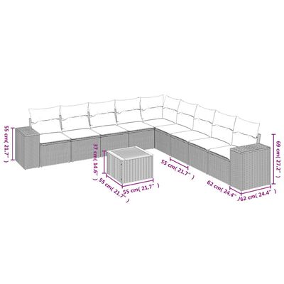 vidaXL 10 pcs conjunto de sofás p/ jardim com almofadões vime PE bege