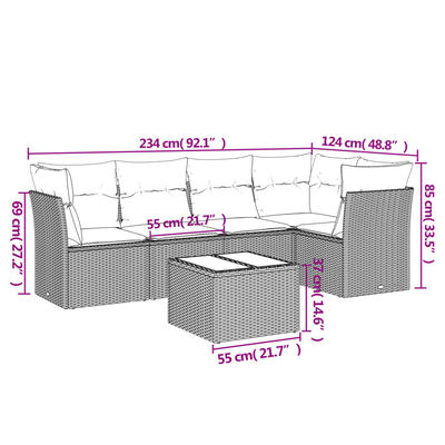 vidaXL 6 pcs conjunto de sofás p/ jardim com almofadões vime PE bege