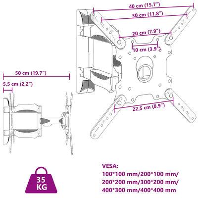 vidaXL Suporte de parede p/ TV ecrãs de 32-55" Max VESA 400x400mm 35kg