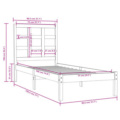 vidaXL Estrutura cama pequena solteiro 75x190 cm madeira maciça