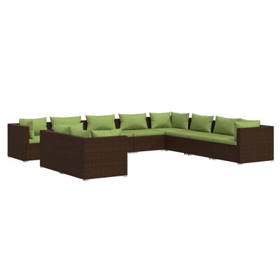 vidaXL 10 pcs conjunto lounge jardim c/ almofadões vime PE castanho