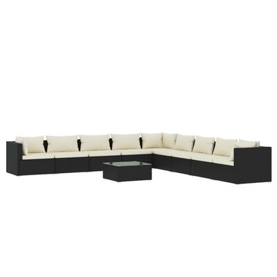 vidaXL 10 pcs conjunto lounge de jardim c/ almofadões vime PE preto