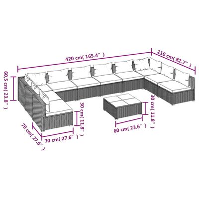 vidaXL 11 pcs conjunto lounge de jardim c/ almofadões vime PE cinzento