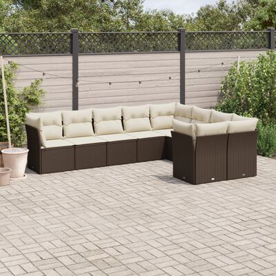 vidaXL 9 pcs conjunto sofás p/ jardim c/ almofadões vime PE castanho