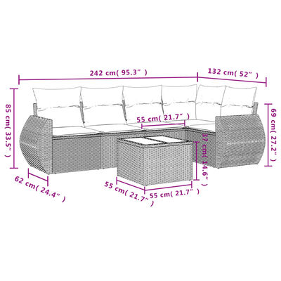 vidaXL 6 pcs conjunto sofás de jardim c/ almofadões vime PE preto