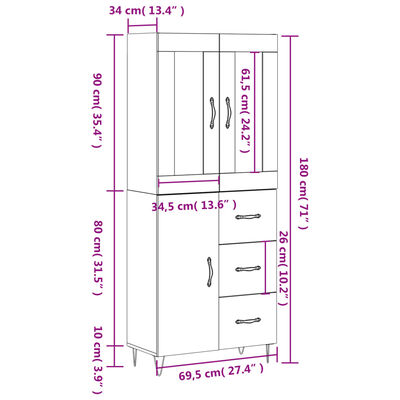 vidaXL Armário alto 69,5x34x180 cm derivados de madeira branco