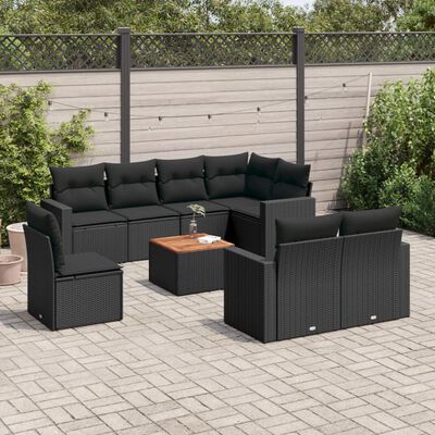 vidaXL 9 pcs conjunto de sofás p/ jardim c/ almofadões vime PE preto