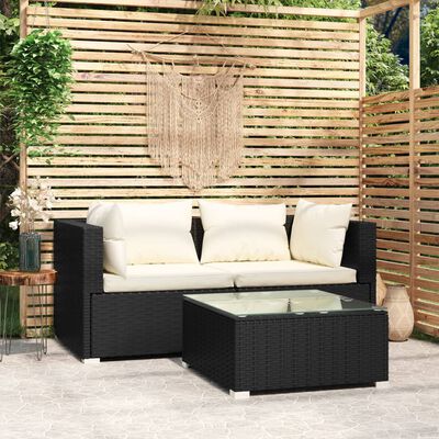 vidaXL 3 pcs conjunto lounge de jardim c/ almofadões vime PE preto