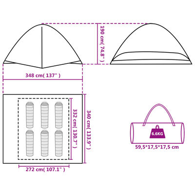 vidaXL Tenda de campismo cúpula p/ 6 pessoas impermeável laranja