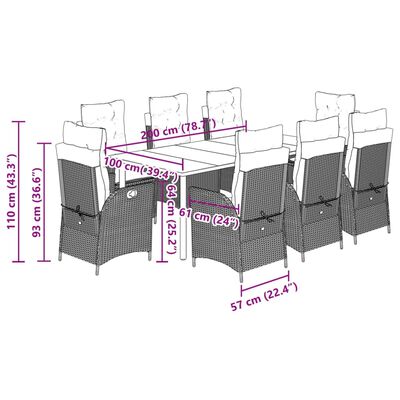 vidaXL 9 pcs conjunto de jantar p/ jardim c/ almofadões cinzento claro