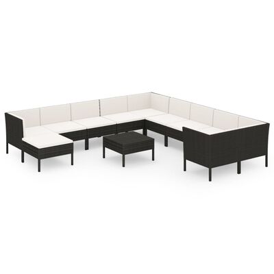 vidaXL 12 pcs conjunto lounge de jardim c/ almofadões vime PE preto