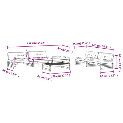 vidaXL 6 pcs conj. lounge jardim c/ almofadões madeira douglas maciça