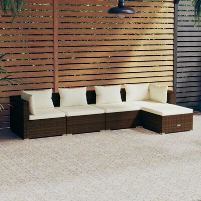 vidaXL 5 pcs conjunto lounge jardim c/ almofadões vime PE castanho