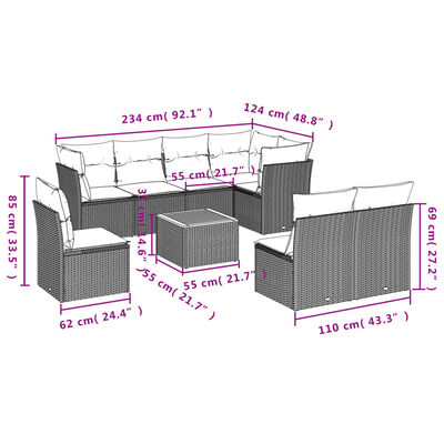 vidaXL 9 pcs conjunto de sofás p/ jardim com almofadões vime PE bege