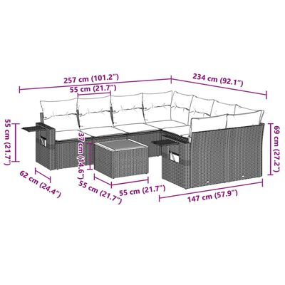 vidaXL 9 pcs conjunto de sofás p/ jardim c/ almofadões vime PE preto