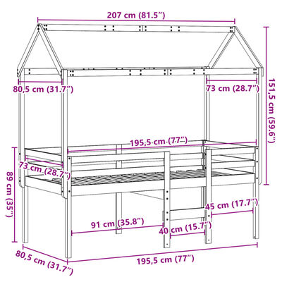 vidaXL Cama alta com telhado 75x190 cm pinho maciço castanho-mel