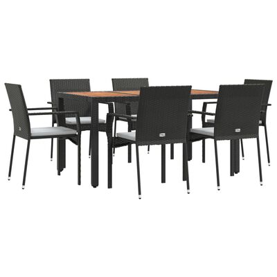 vidaXL 7 pcs conjunto de jantar p/ jardim c/ almofadões vime PE preto