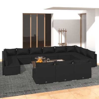 vidaXL 13 pcs conjunto lounge de jardim c/ almofadões vime PE preto