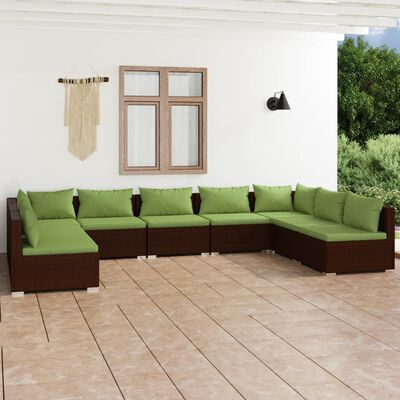 vidaXL 9 pcs conjunto lounge de jardim c/ almofadões vime PE castanho