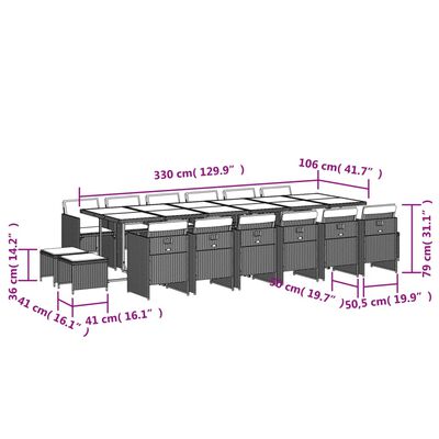 vidaXL 17 pcs conj. jantar jardim c/ almofadões vime PE cinzento-claro