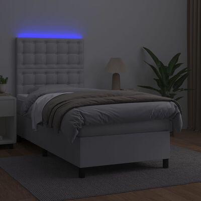 vidaXL Cama box spring c/ colchão/LED 90x200cm couro artificial branco