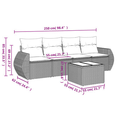 vidaXL 5 pcs conjunto sofás de jardim com almofadões vime PE preto