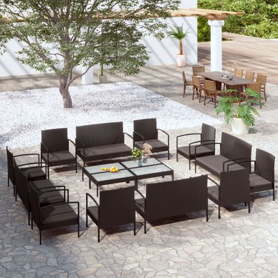 vidaXL 16 pcs conjunto lounge de jardim c/ almofadões vime PE preto