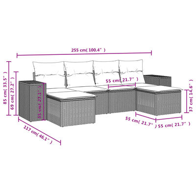 vidaXL 6 pcs conjunto sofás de jardim c/ almofadões vime PE preto