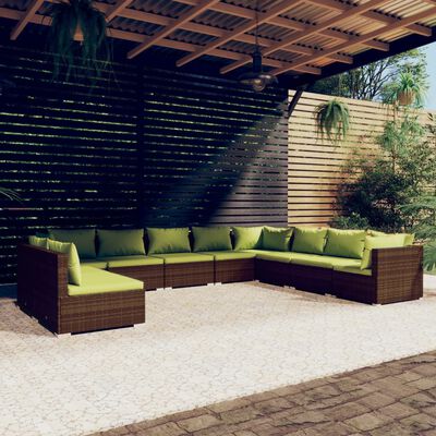 vidaXL 10 pcs conjunto lounge jardim c/ almofadões vime PE castanho