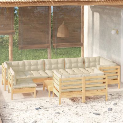 vidaXL 10 pcs conjunto lounge jardim c/ almofadões creme pinho maciço