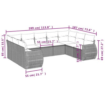 vidaXL 9 pcs conjunto de sofás p/ jardim com almofadões vime PE bege