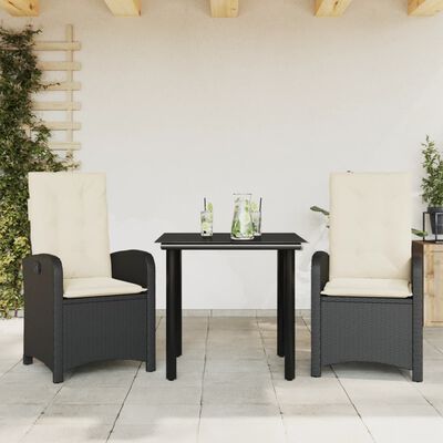 vidaXL 3 pcs conjunto de jantar p/ jardim c/ almofadões vime PE preto