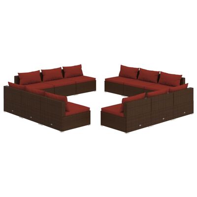 vidaXL 12 pcs conjunto lounge jardim c/ almofadões vime PE castanho