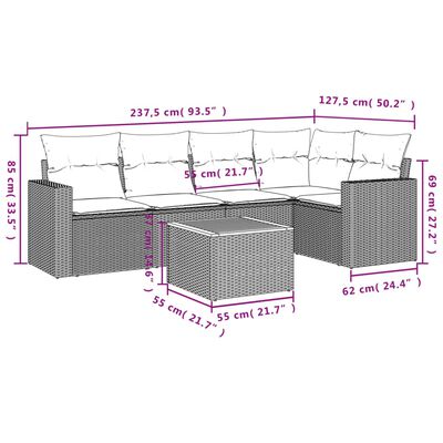 vidaXL 6 pcs conjunto sofás de jardim c/ almofadões vime PE preto