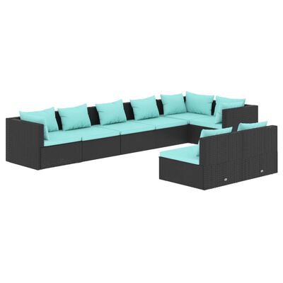 vidaXL 8 pcs conjunto lounge de jardim c/ almofadões vime PE preto