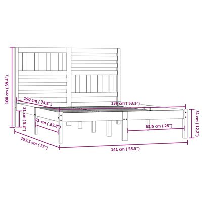 vidaXL Estrutura de cama de casal 135x190 cm pinho maciço cinzento