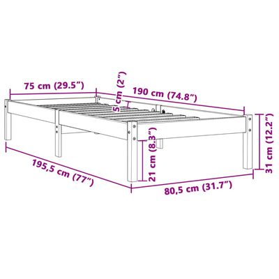 vidaXL Cama sem colchão 75x190 cm madeira de pinho maciça castanho-mel